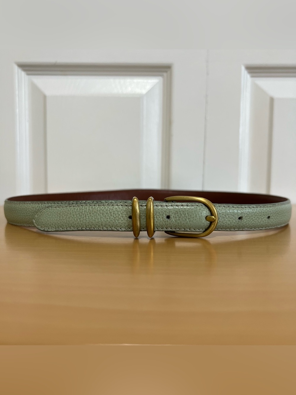 Coach Women’s Light Green Slim Leather Belt Solid Brass Buckle Italy Size Medium